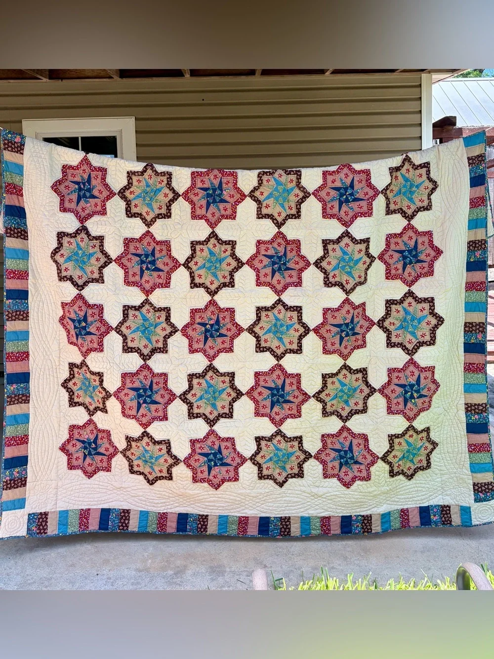 Vintage Pinewheel Star Quilt, 1980s Patchwork Quilt, 84x86”